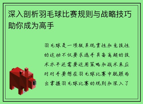深入剖析羽毛球比赛规则与战略技巧助你成为高手