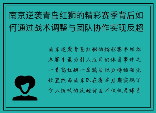 南京逆袭青岛红狮的精彩赛季背后如何通过战术调整与团队协作实现反超